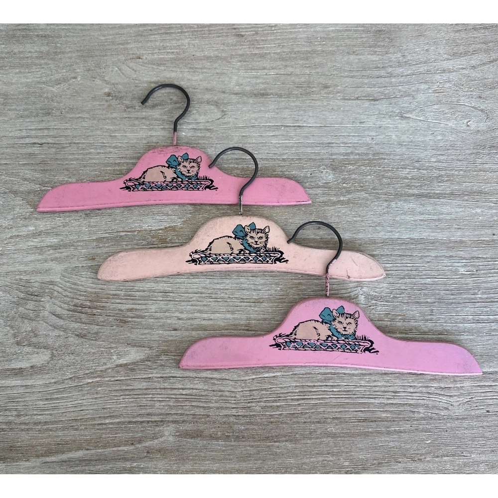 VTG Pink Wooden Child's Girls Doll Clothes Hanger Cat Kitten Painted 10" Lot 3